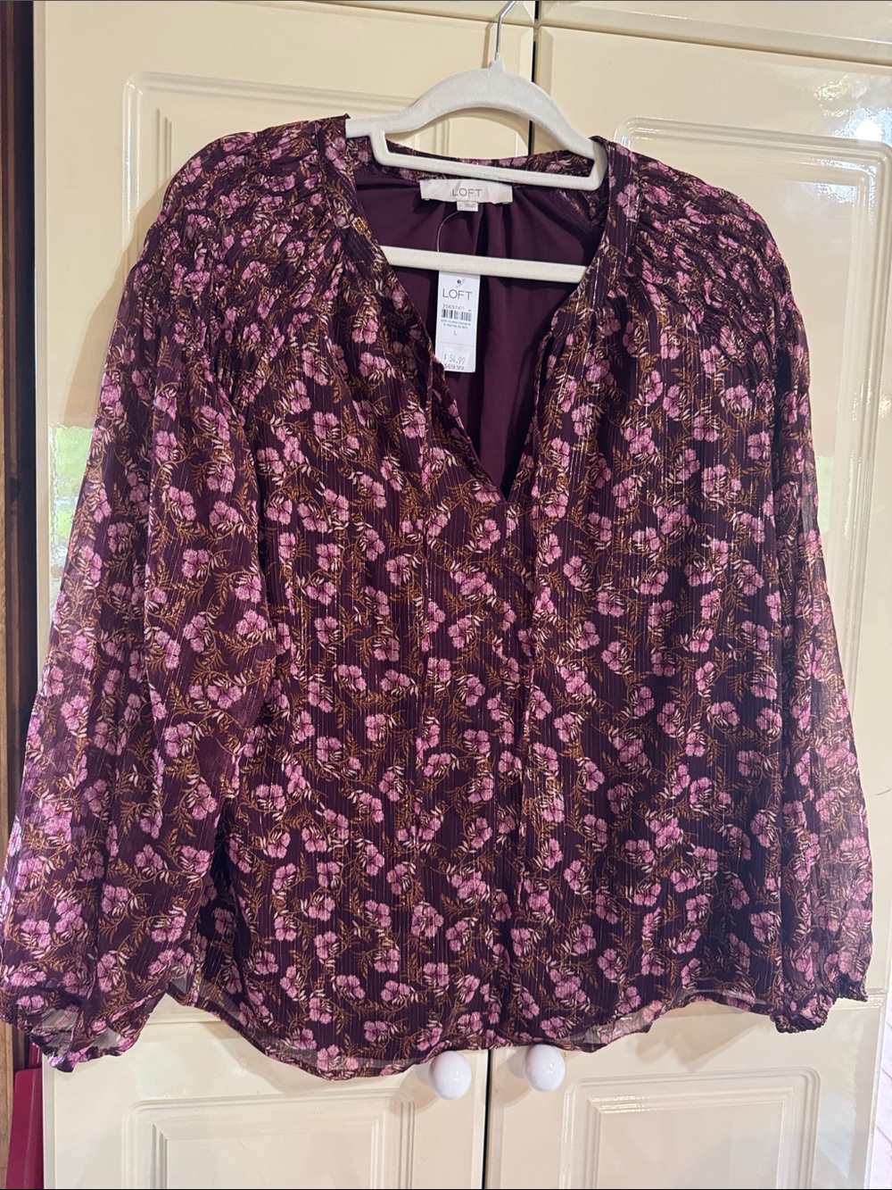 LOFT Plum Floral Peasant Blouse with Pink Accents